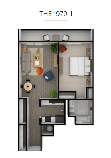 Floor plan for 1 bed, 1 bath, 582 sqft
